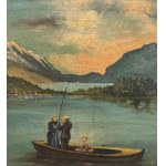 ANONIMO, Mountain landscape with a boat on a lake and figures