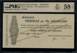 Przekaz na 100.000.000 marek polskich, 20.11.1923; bez ...