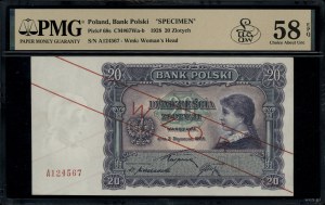 20 złotych, 2.01.1928; niewprowadzony do obiegu banknot...