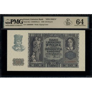 20 złotych, 1.03.1940; seria A, numeracja 0000000, bez ...