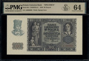 20 złotych, 1.03.1940; seria A, numeracja 0000000, bez ...