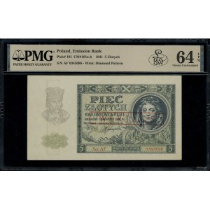 5 złotych, 1.08.1941; seria AF, numeracja 0343696, czer...