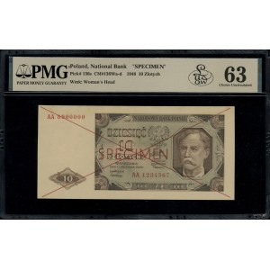 10 złotych, 1.07.1948; seria AA, numeracja 1234567 / 89...
