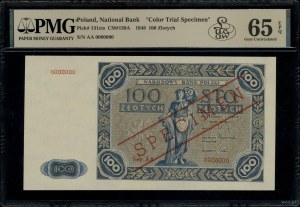 100 złotych, 1.07.1948; seria AA, numeracja 0000000, ni...