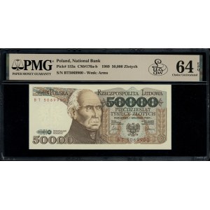 50.000 złotych, 1.12.1989; ekstremalnie rzadka seria BT...