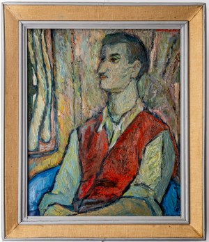 Maksymilian Stratanowski (1913-1987), Portret mężczyzny w czerwonej kamizelce, ok. 1960 r..