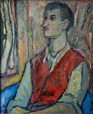 Maksymilian Stratanowski (1913-1987), Portret mężczyzny w czerwonej kamizelce, ok. 1960 r..
