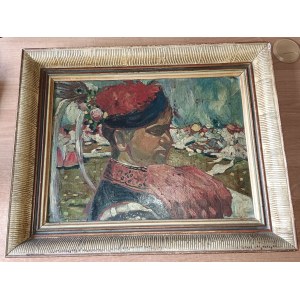 PAINTING FOLK MOTIF KRAKOWIAK, OIL ON CARDBOARD, UNSIGNED