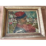 PAINTING FOLK MOTIF KRAKOWIAK, OIL ON CARDBOARD, UNSIGNED