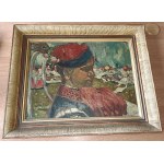 PAINTING FOLK MOTIF KRAKOWIAK, OIL ON CARDBOARD, UNSIGNED