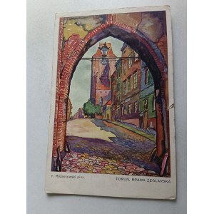MALARSTWO POLSKIE RÓŻANKOWSKI TORUŃ BRAMA ŻEGLARSKA, USZKODZONA ROZKLEJA SIĘ 1931 R, ZNACZEK