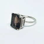 Silver ring with natural large Smoky Quartz and white Sapphires