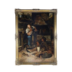 Craftsman painting with workshop boy sitting on the floor
