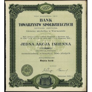 Bank Towarzystw Spółdzielczych S.A., registered share for 500 zlotys, 1929, Warsaw