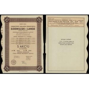 Dziewulski and Lange, 5 shares at 250 zlotys = 1,250 zlotys, 1937, Warsaw