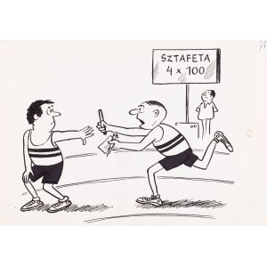 Gwidon Miklaszewski (1912 Berlin - 1999 Warsaw), First you have to give me a receipt for receiving the baton!, satirical illustration