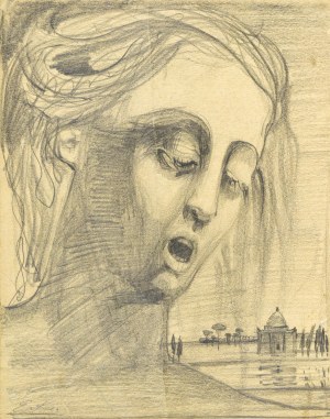 Emilia KNAUSÓWNA (1883-1924), Głowa kobiety (autoportret?) na tle pejzażu