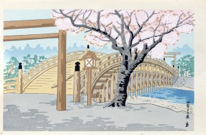Tomikichirō Tokuriki (1902-2000), Kwitnące wiśnie przy Moście Uji w świątyni Ise, Japonia, ok. 1970 r.