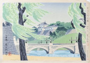 Tomikichirō Tokuriki (1902-2000), Most Nijubashi i wierzby na wiosennym wietrze, z serii: Widoki świętych miejsc i zabytków, wyd. Uchida, Kioto/Japonia, ok. 1940 r.