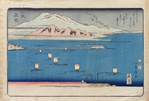 Utagawa Fusatane (czynny ok. 1854-1888), Wieczorny śnieg na górze Hira, z serii: Osiem widoków jeziora Biwa, wyd. Moritaya Jihei, okres późnego Edo, ok. 1854 r.
