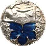 Šindelář L., 2008. - Hotel Hořec. - Reclining Justice with scales, hotel building, dated 1908-1998-2008, blue enamelled gentian flower / seated Krakonoš in front - Ag 925, hallmark, 50 mm, 110,20 g, 