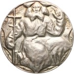 Šindelář L., 2008. - Hotel Hořec. - Reclining Justice with scales, hotel building, dated 1908-1998-2008, blue enamelled gentian flower / seated Krakonoš in front - Ag 925, hallmark, 50 mm, 110,20 g, 