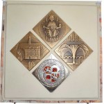 Vitanovský M. - Awarding etui with text Praise of Jihlava with four medals, 3x bronze one-sided 49 x 49 mm, 1x silvered bronze partially enamelled, luxury etui 177 x 177 mm with two locks, handmade paper.