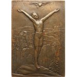 Unsigned. - VIII. 1926. - Puppy race / under a flying falcon athlete on a rock. - Bronze, 40,5 x 58 mm.