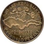 Kužel M., 1938. - In memory of the 10th Congress 1938 and 20 years of the Republic - Falcon with spread wings / lime branch, map of the Republic - Ag 987, hallmark, 35 mm, 13,55 g, beautiful patina, mint lustre.