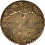 Kužel M., 1938. - In memory of the 10th Congress 1938 and 20 years of the Republic - Falcon with spread wings / lime branch, map of the Republic - Ag 987, hallmark, 35 mm, 13,55 g, beautiful patina, mint lustre.