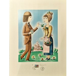 Peynet Raymond (1908-1999), L'Heure du gouter'' (L'ora del tè pomeridiano) dal ciclo Les Amoureux (Gli amanti),1985