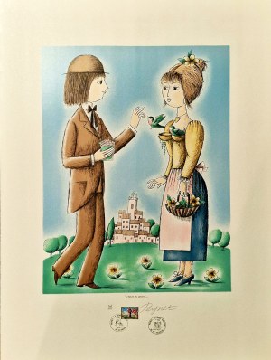 Peynet Raymond (1908-1999), „L'Heure du gouter’’ (Pora podwieczorku) z cyklu „Les Amoureux” (Zakochani),1985