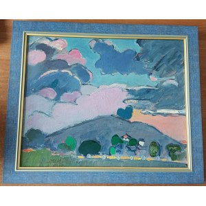 KAZIMIERZ PODSADECKI, PAINTING BLUE LANDSCAPE, OIL ON CANVAS, INSCRIBED ON THE BACK, KRAKÓW 3 VI 1957, SIGNED PODSADECKI 1957
