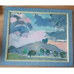 KAZIMIERZ PODSADECKI, PAINTING BLUE LANDSCAPE, OIL ON CANVAS, INSCRIBED ON THE BACK, KRAKÓW 3 VI 1957, SIGNED PODSADECKI 1957