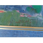 KAZIMIERZ PODSADECKI, PAINTING BLUE LANDSCAPE, OIL ON CANVAS, INSCRIBED ON THE BACK, KRAKÓW 3 VI 1957, SIGNED PODSADECKI 1957