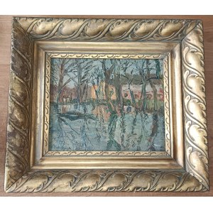 WLODZIMIERZ ZAKRZEWSKI, PAINTING BUILDINGS BY THE WATER 1972, OIL ON CARDBOARD, SIGNED W. ZAKRZEWSKI 1972