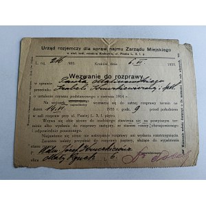 CONVOCAZIONE ALL'UDIENZA UFFICIO DI CRACOVIA DELL'UFFICIO PER LA LIQUIDAZIONE DEGLI AFFITTI 1935