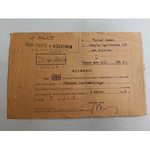 CONVOCATION TRIBUNAL DU TRAVAIL KRAKOW 1938