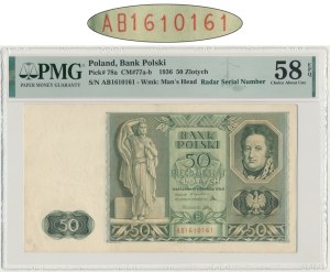 50 złotych 1936 Dąbrowski - AB - PMG 58 EPQ - RZADKOŚĆ - numer radarowy