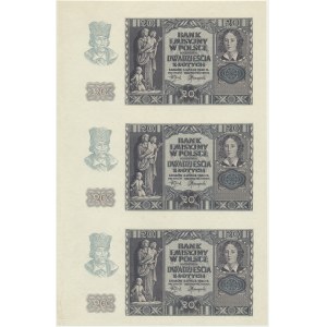 20 złotych 1940 - nierozcięty fragment arkusza (3 szt.) - bez oznaczenia serii i numeracji - Ex.Miłczak