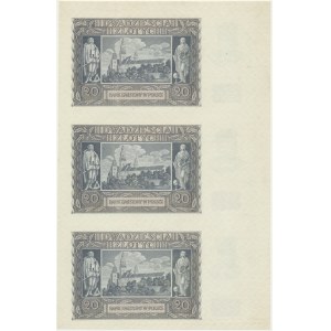 20 złotych 1940 - nierozcięty fragment arkusza (3 szt.) - bez oznaczenia serii i numeracji - Ex.Miłczak
