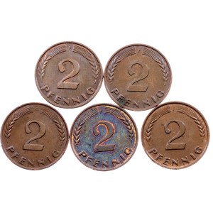 Germany, 5 x 2 Pfennig 1959-1967, Karlsruhe and Stuttgart