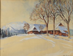 Stefan FILIPKIEWICZ (1879-1944), Pejzaż zimowy z chatami