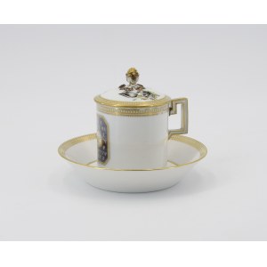 MIESNIA - Porcelain Manufactory, Cup with lid, with saucer, decorated with alphabet and French sentence