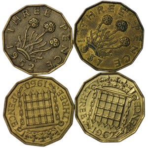 Great Britain, 3 Pence - set of 4 pieces