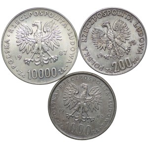 10,000 zloty 1987 John Paul II, 1000 zloty 1983, 200 zloty 1975 - set of 3 pieces
