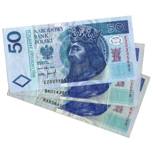 50 złotych 1994, serie EZ, BR, BX - zestaw 3 sztuk