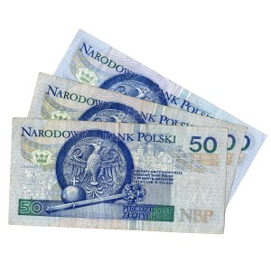 50 złotych 1994, serie EZ, BR, BX - zestaw 3 sztuk