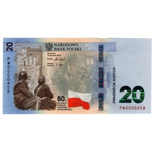 20 złotych 2024, 80. Rocznica Powstania Warszawskiego - bardzo niski numer 0000458