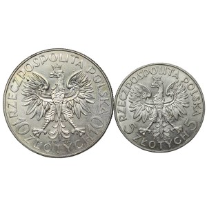 10 złotych 1932, Warszawa | 5 złotych 1933, Londyn Głowa Kobiety - zestaw 2 sztuk